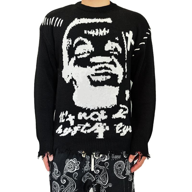 Distressed knitted graphic sweater men Jacquard custom LOGO
