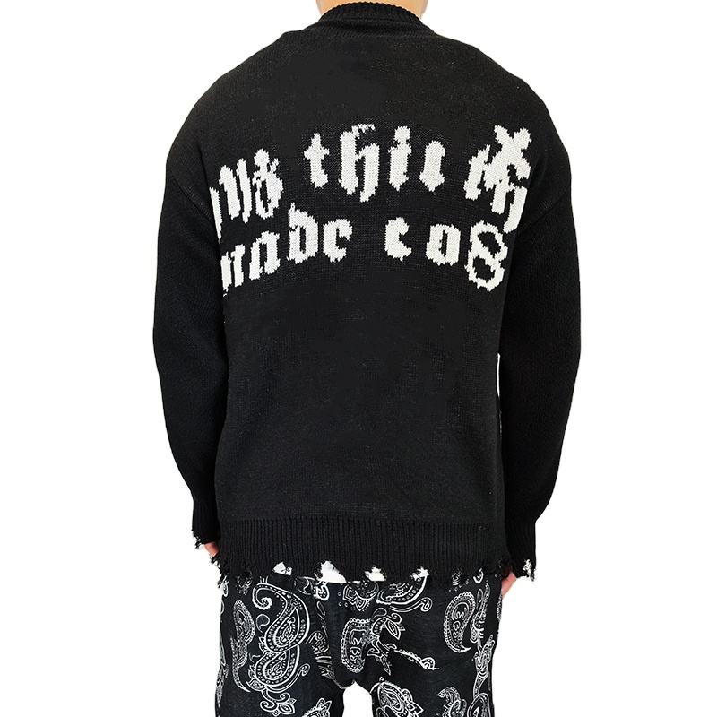 Distressed knitted graphic sweater men Jacquard custom LOGO