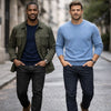 Blue Sweater Outfit Men: 12 Easy Combos (Pants + Shoes + Layers)