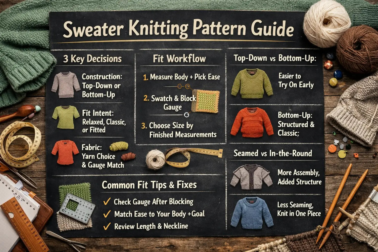 Sweater Knitting Pattern Guide: How to Choose a Pattern That Fits (Gauge, Ease, Construction)