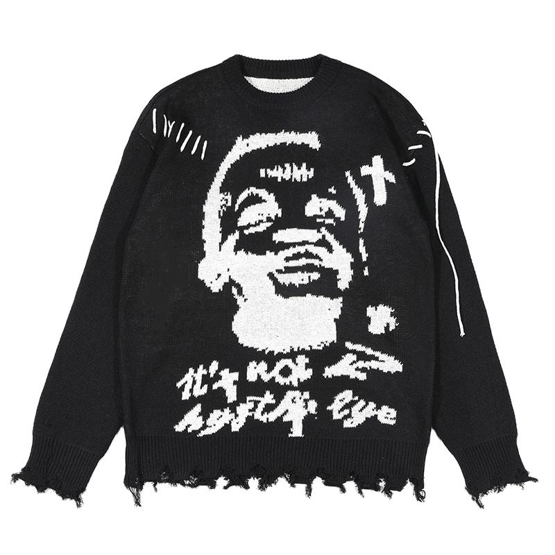 Distressed knitted graphic sweater men Jacquard custom LOGO